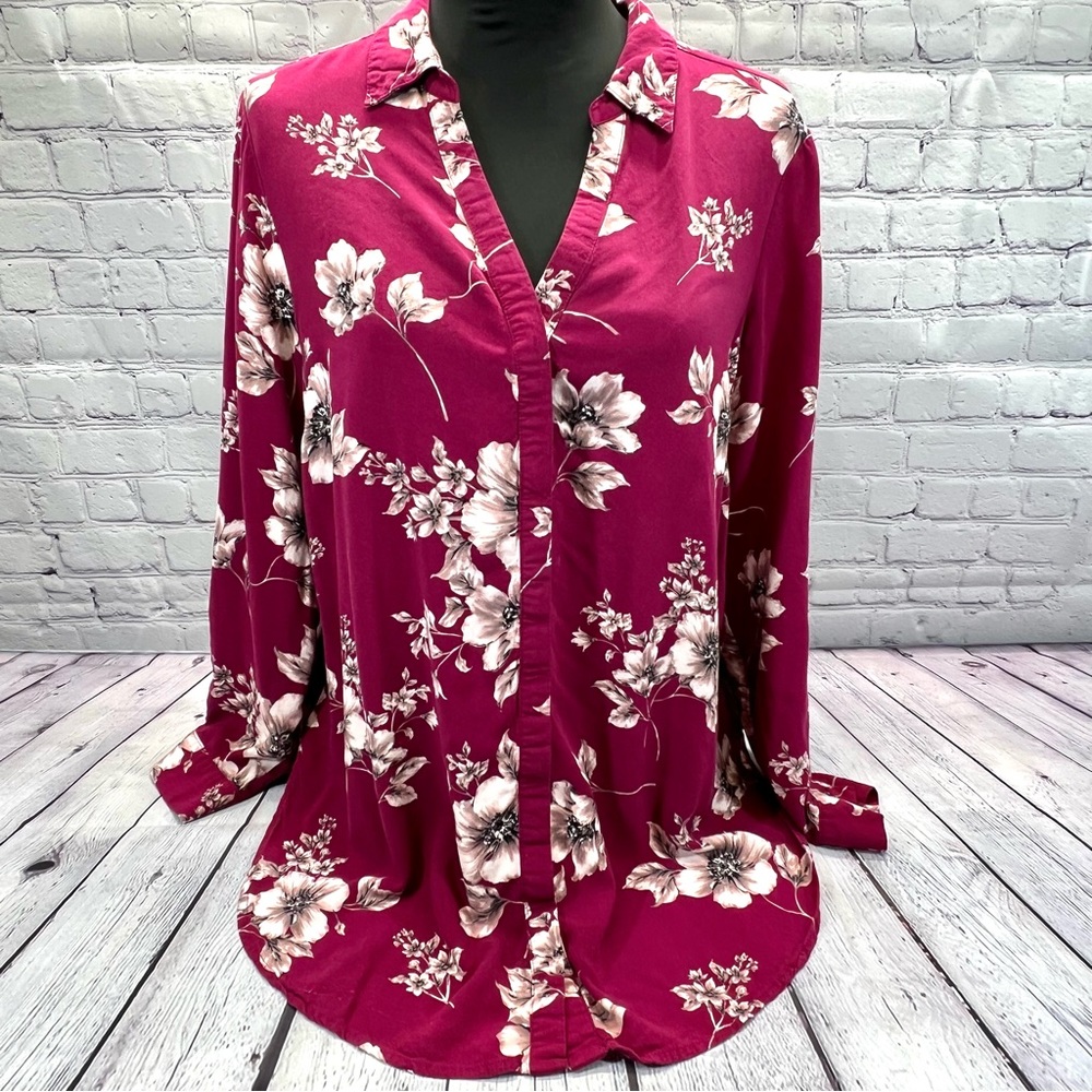 CANDIES Long Sleeve / Roll Sleeve & Tab Button Front Floral Top Vintage